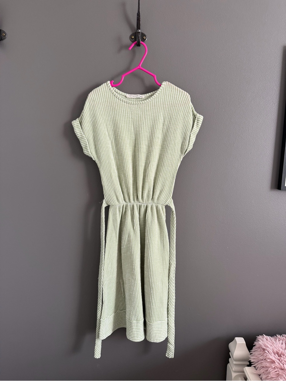 Caution To The Wind Sage Green Ribbed Tie-Waist Knit Dress